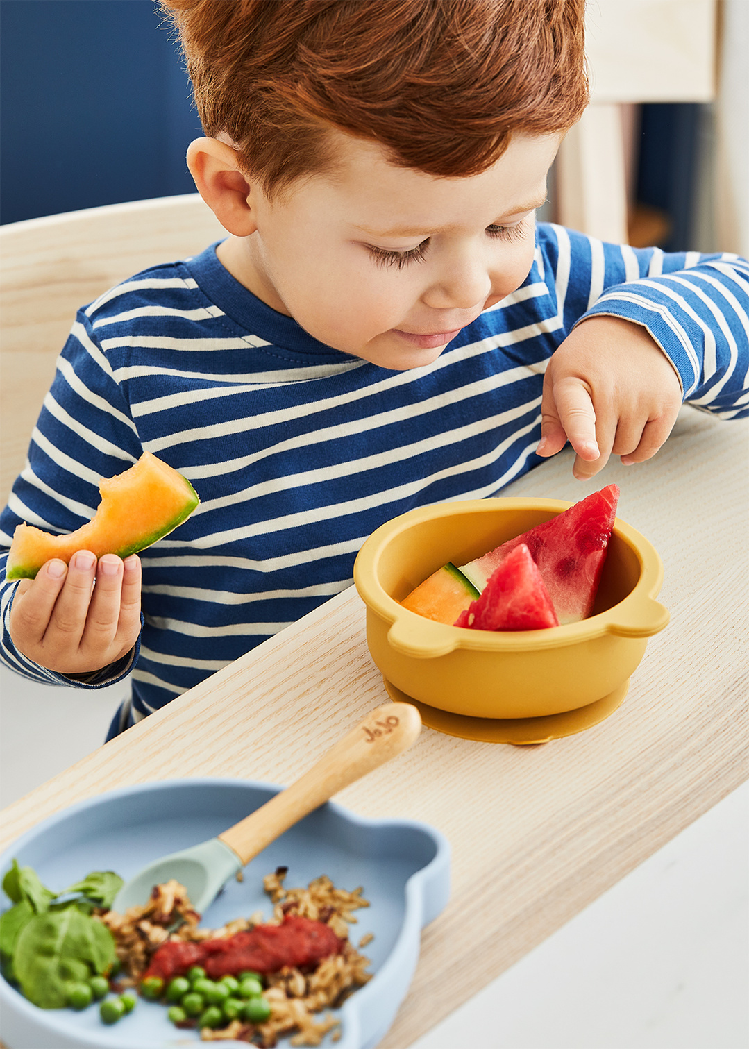 Lifestyle photography of products from the Jojo Maman Bebe weaning range of tableware, shot by London based food and tableware photographer Lol Johnson. Food Prep and styling by El Kemp.