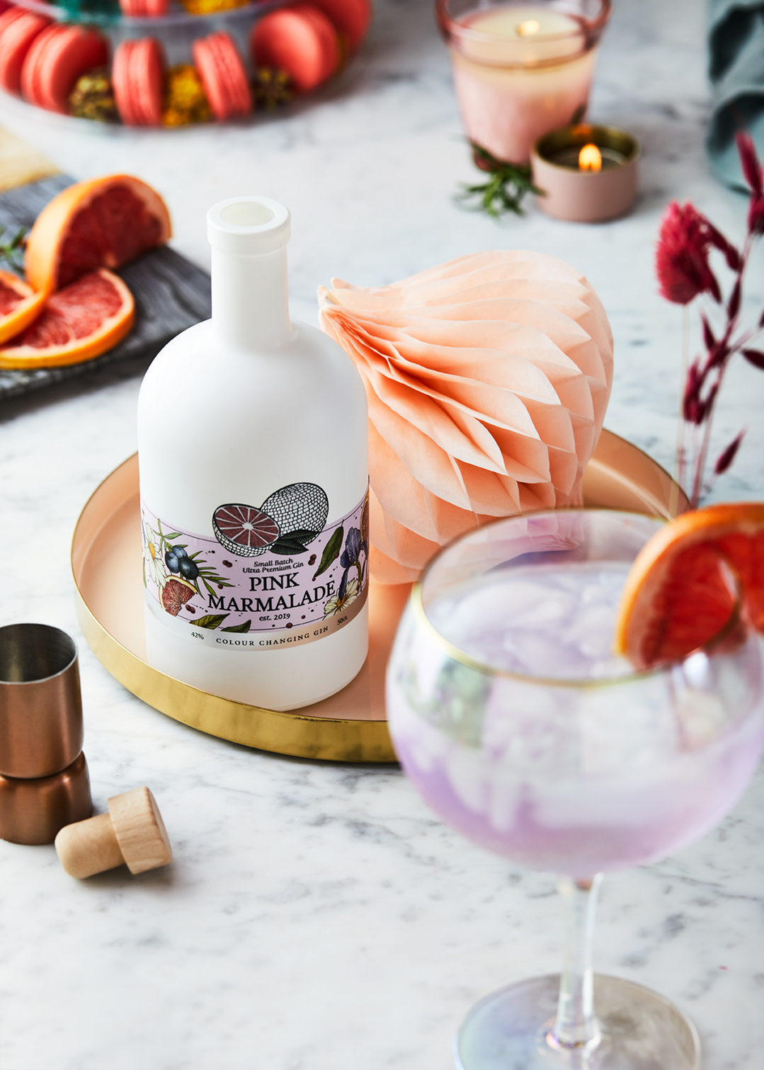 Colour changing gin from the Not on the High Street Christmas gift range, shot by London based product and food photographer Lol Johnson. Styled by Nicki Bamford Bowes.