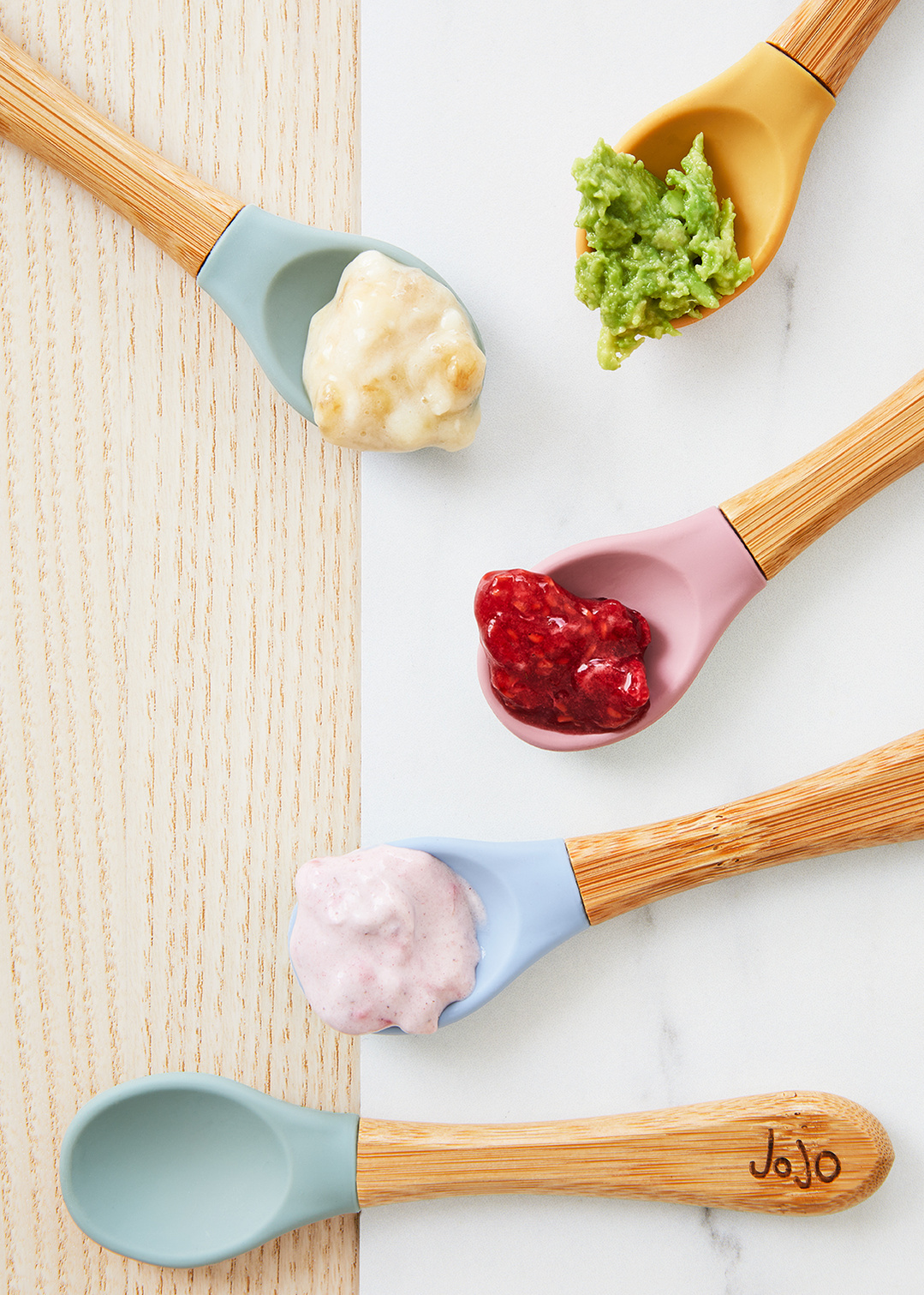 Still life photography of products from the Jojo Maman Bebe weaning range of tableware, shot by London based food and tableware photographer Lol Johnson. Food Prep and styling by El Kemp.