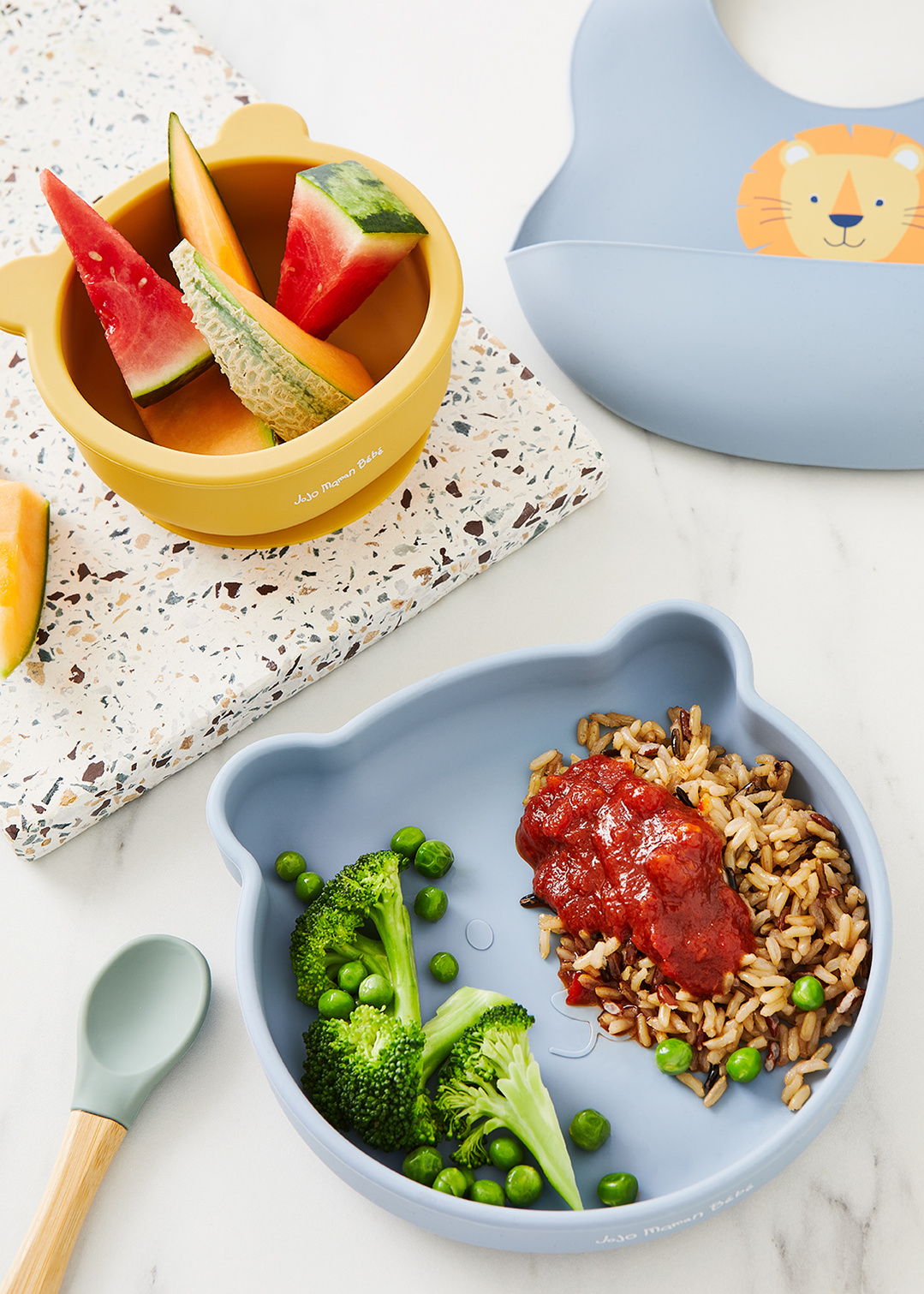 Still life photography of products from the Jojo Maman Bebe weaning range of tableware, shot by London based food and tableware photographer Lol Johnson. Food Prep and styling by El Kemp.