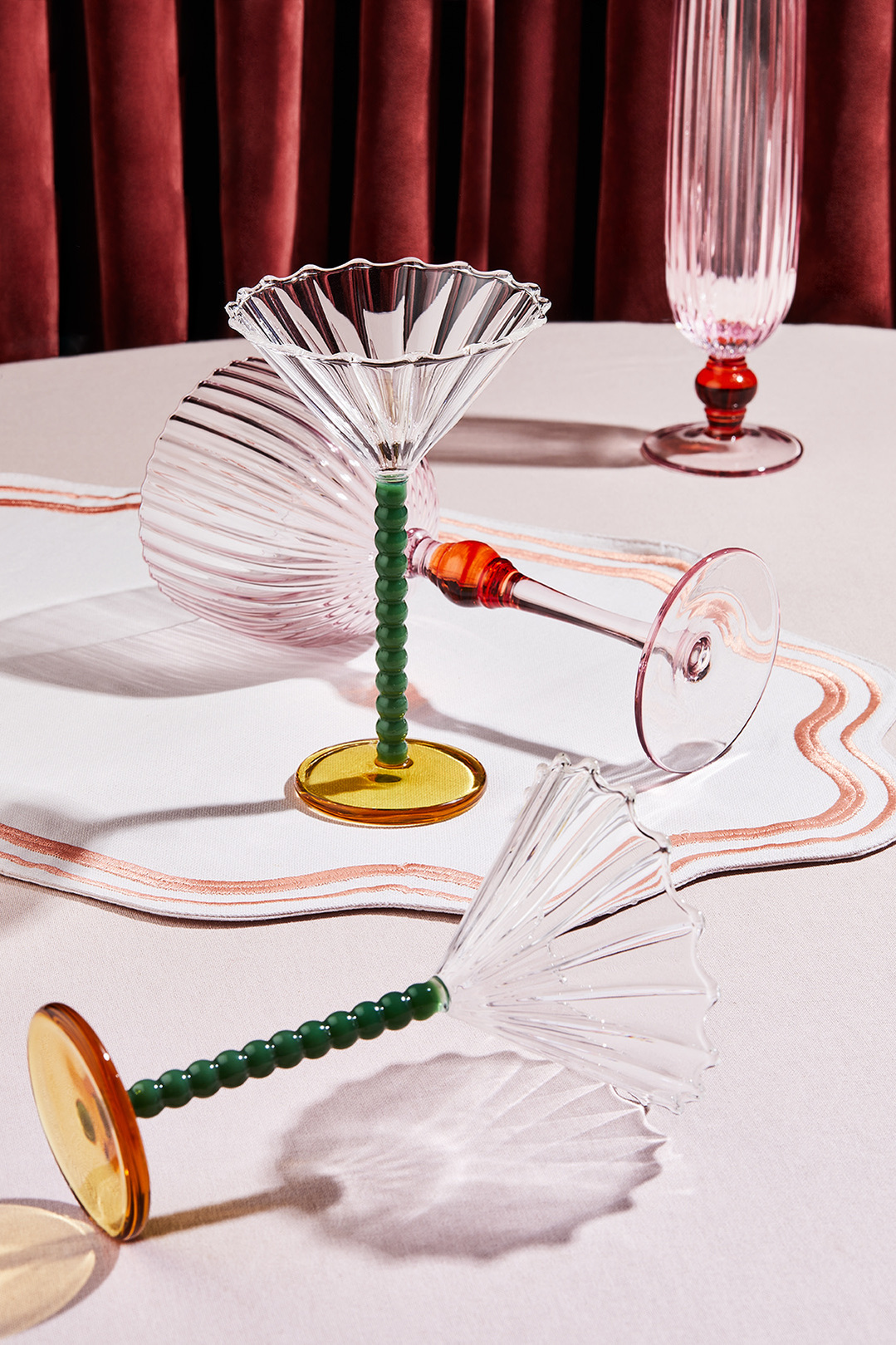 Curated glassware from & Then Home featuring glassware from brands such as Cox and Cox, & Klevering and Anthropologie. Styled by Nicki Bamford Bowes of interior design studio And Then They Went Wild and Photographed by still life photographer Lol Johnson.