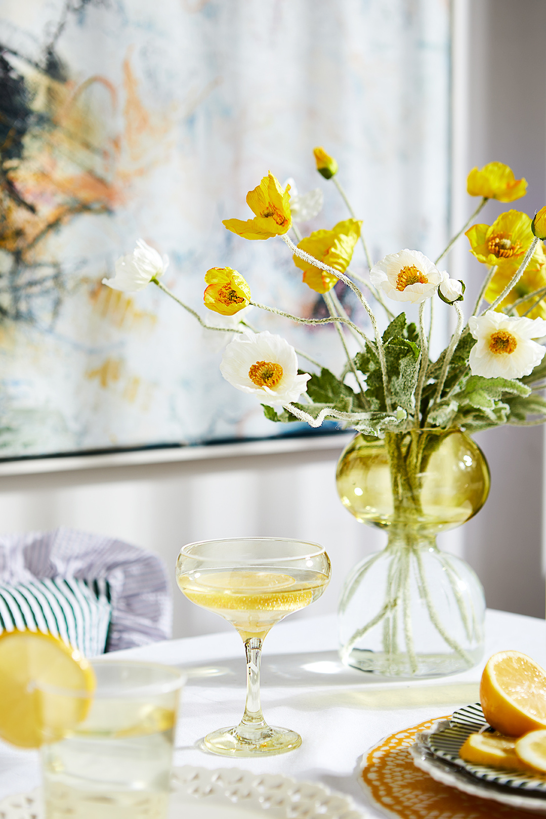 Curated spring tableware from homewares team '& Then Home'. Photography by south east London based food and lifestyle photographer Lol Johnson. Styling by Nicki Bamford Bowes. Featuring artwork by Sophie Capron c/o Artdog Gallery.
