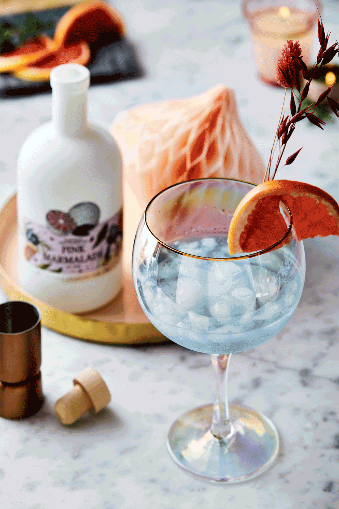Colour changing gin from the Not on the High Street Christmas gift range, shot by London based product and food photographer Lol Johnson. Styled by Nicki Bamford Bowes.
