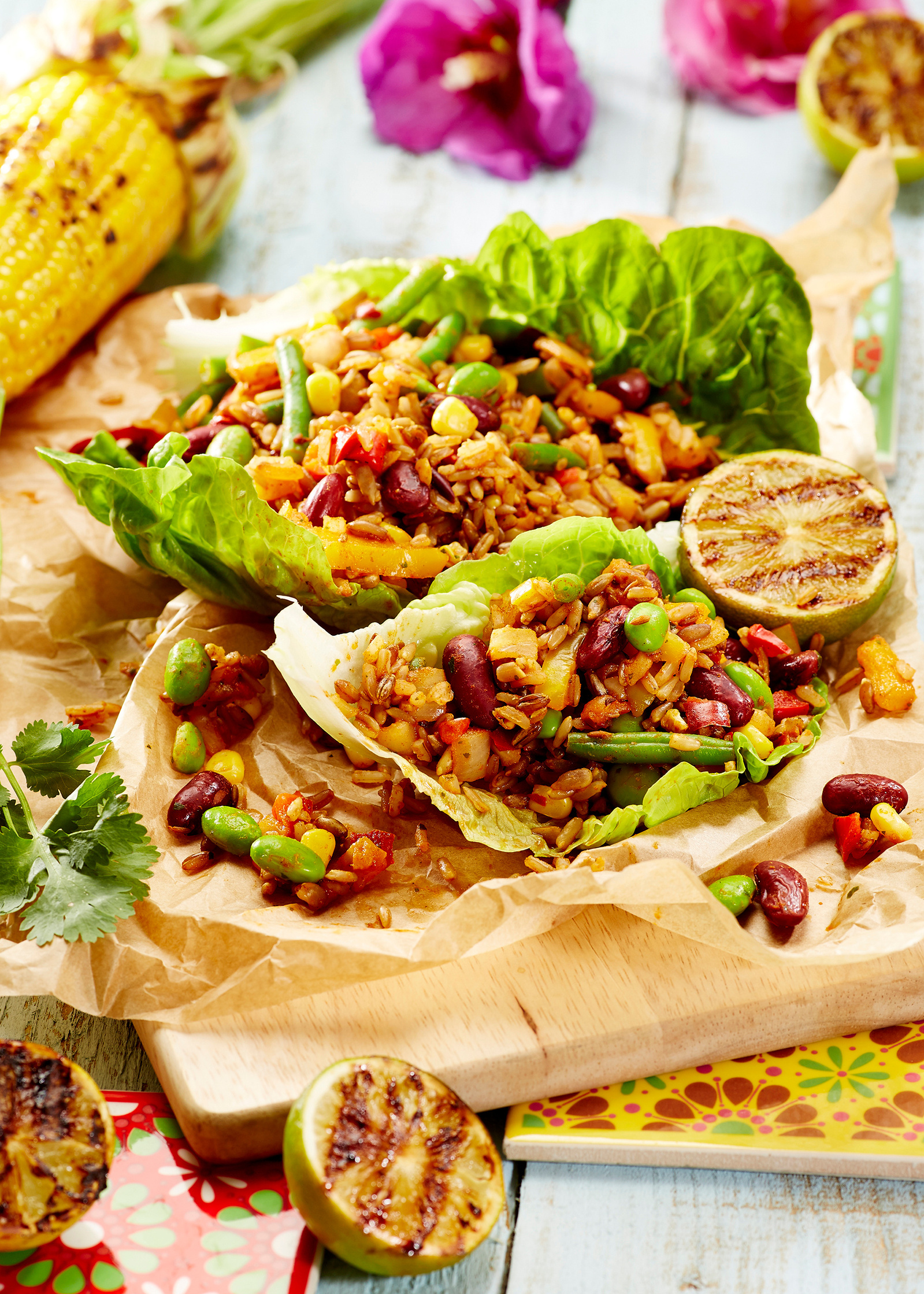 Still life food photography of mexican rice on crispy iceberg with griddled lime for Penguin Foods at Tesco. Shot by London based photographer Lol Johnson and styled by Liz Cooper