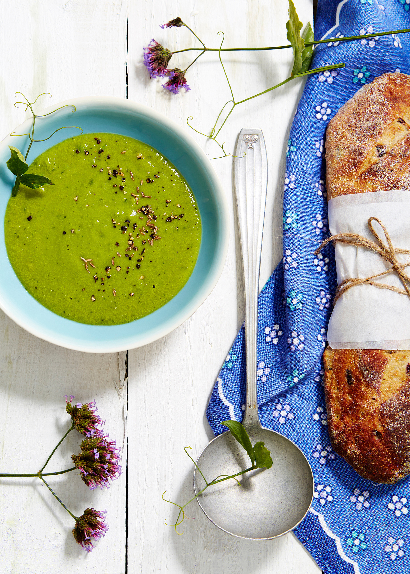 Still life food photography of pea soup and olive ciabatta for Penguin Foods at Tesco. Shot by London based photographer Lol Johnson and styled by Liz Cooper.