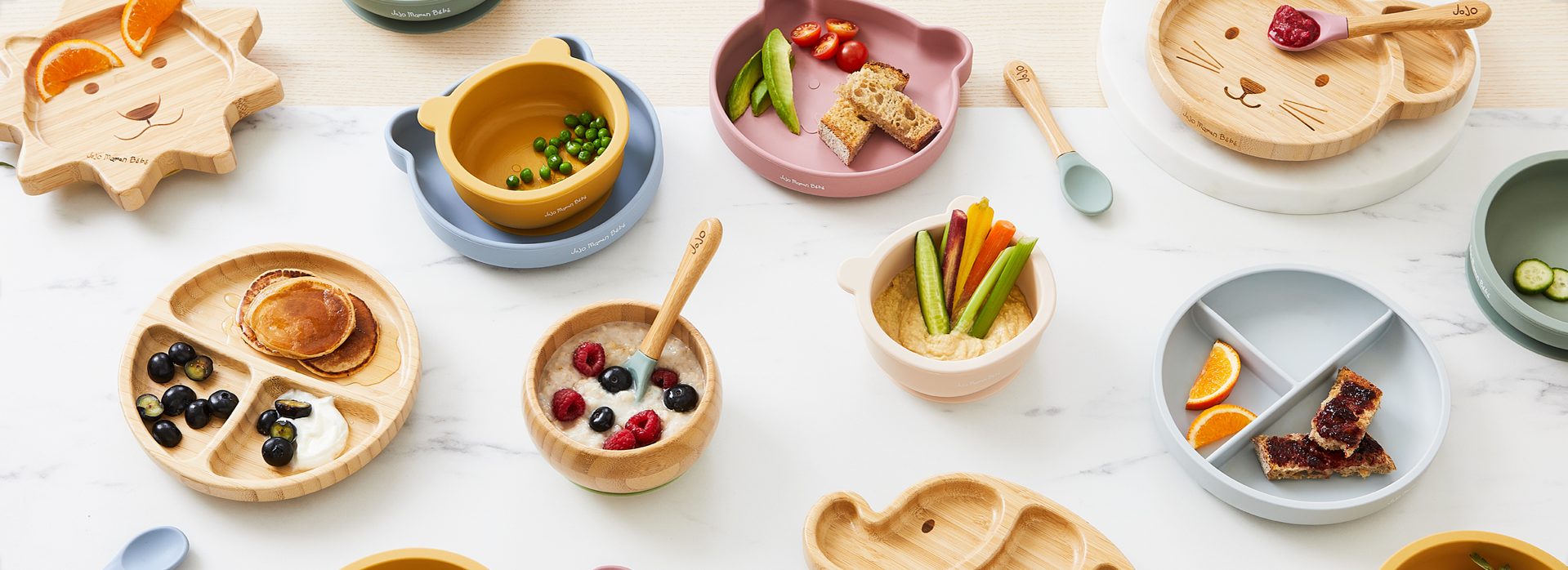 Still life photography of products from the Jojo Maman Bebe weaning range of tableware, shot by London based food and tableware photographer Lol Johnson. Food Prep and styling by El Kemp.