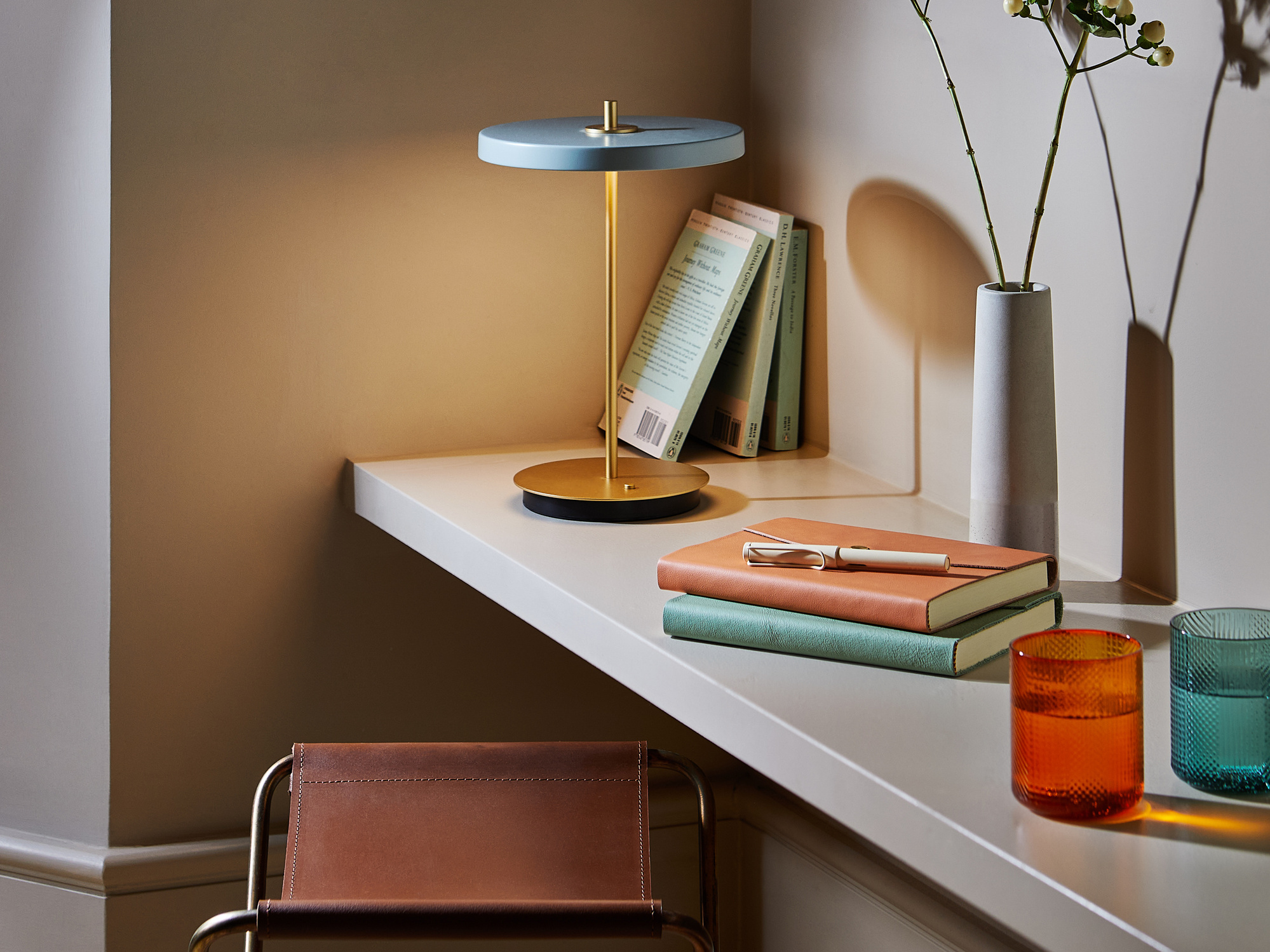 Product lifestyle photography for Daint Interiors in collaboration with high street retailer Roullier White, featuring a cordless desk lamp from Umage Design. Shot by Lol Johnson, a London based, commercial still life photographer.