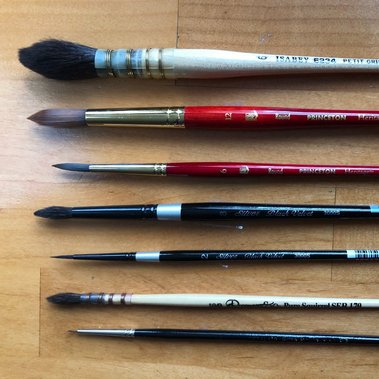 Favorite watercolor brushes: Isabey #6 mop brush, Princeton Heritage #12 Round, Princeton Heritage #6 round, Silver Black Velvet #8, Silver Black Velvet #2,Rosemary and Co. round 10/0, and Rosemary & Co. size zero round. 