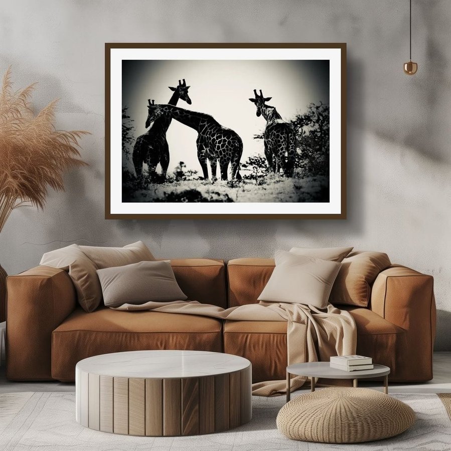 Black and white fine art photograph of three giraffes in silhouette, captured in the wild. One giraffe leans across another in a moment of connection and calm. A dramatic, emotional portrayal of giraffes in the African landscape