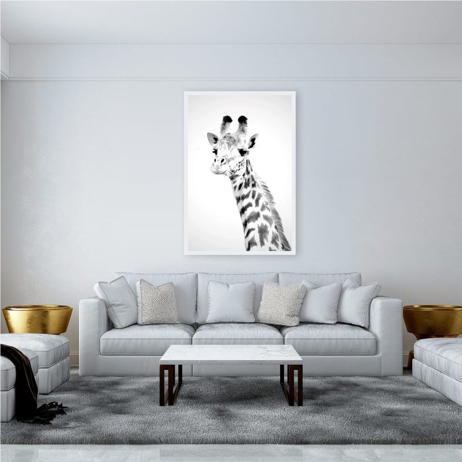 Black and white close-up portrait of a giraffe looking directly into the camera, showing its expressive eyes, long eyelashes, and unique coat pattern in fine detail.