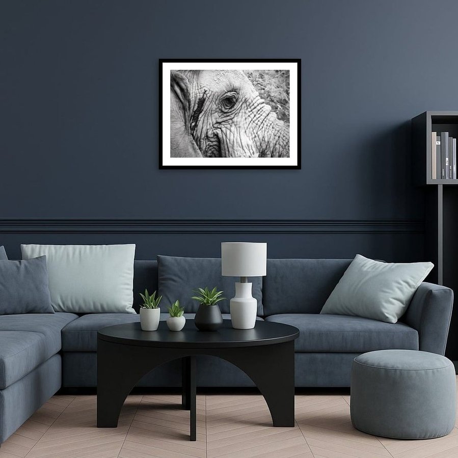 Black and white close-up of an elephant, highlighting its textured skin and soulful eyes. This striking monochrome wildlife photograph captures the wisdom and strength of this majestic creature with stunning detail and contrast.