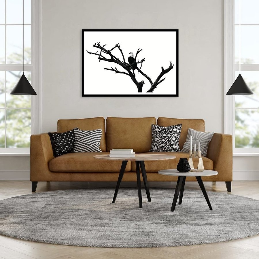 Black and white photograph of an African fish eagle perched in a bare tree, surveying the horizon. Its bold silhouette and striking contrast capture the eagle’s power, elegance, and watchful presence.