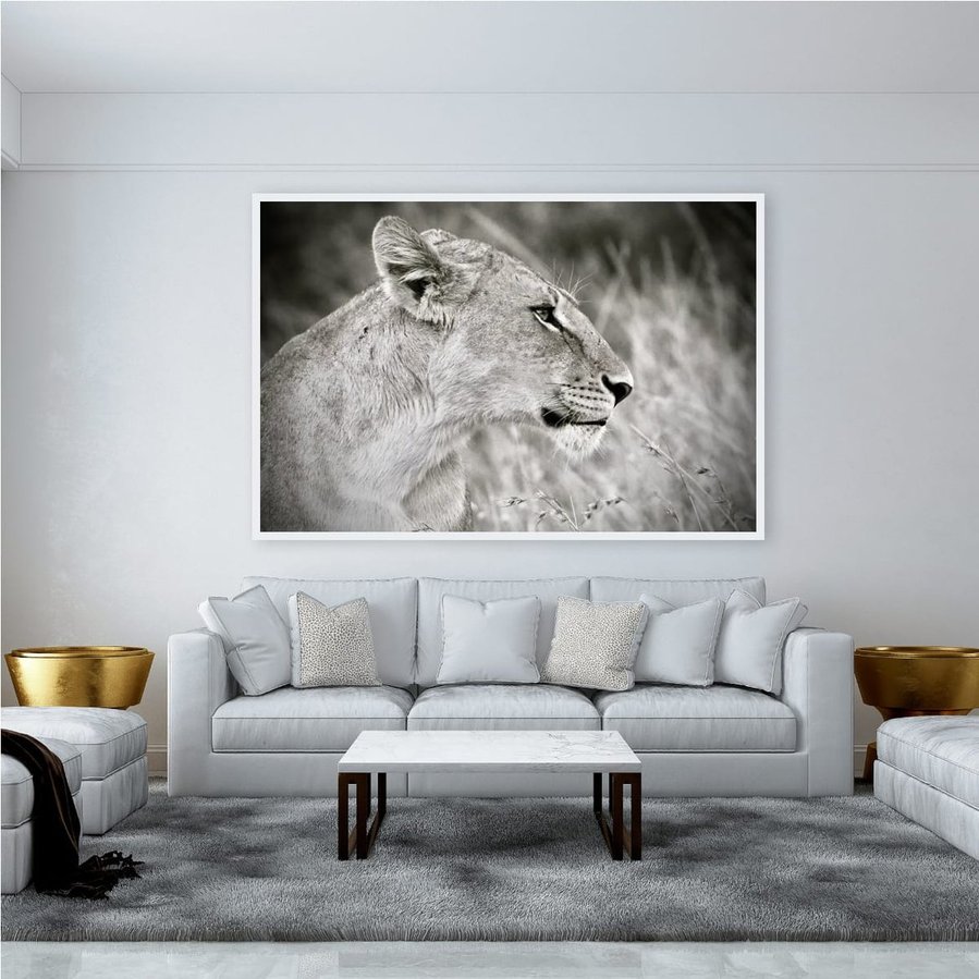 Striking black and white wildlife photograph of a lioness in side profile. Her powerful jawline, poised expression, and flowing mane are captured in dramatic detail, revealing the quiet strength and elegance of one of Africa’s most iconic predators.