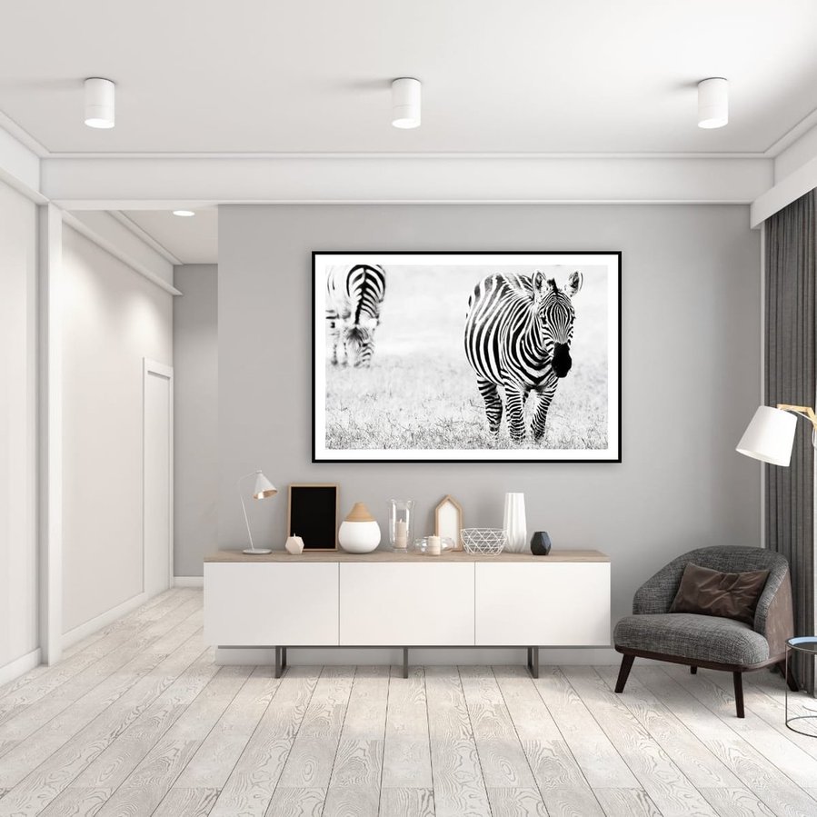 Black and white fine art photograph of a zebra, highlighting the bold contrast and intricate pattern of its stripes. A striking wildlife image celebrating the natural design and beauty of one of Africa’s most iconic animals.