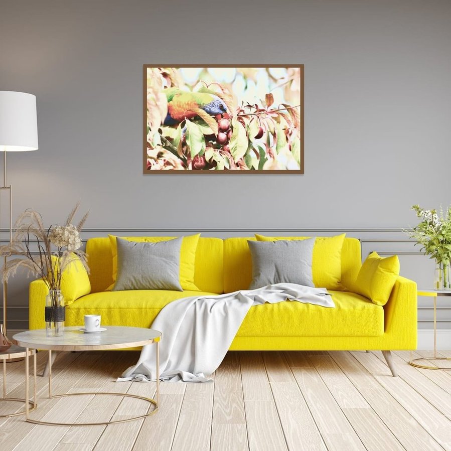 In the heart of a plum tree, a rainbow lorikeet immerses itself in a moment of pure delight—nestled in a tangle of leaves and fruit, eyes locked in focus, beak buried in soft, sun-warmed skin in a walnut frame.