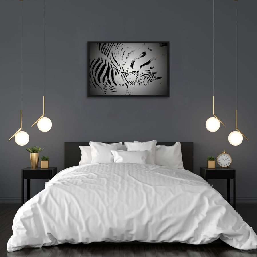 Black and white abstract zebra artwork of a mother nursing her foal. A striking fine art wildlife image highlighting maternal bond, bold contrast, and natural intimacy.