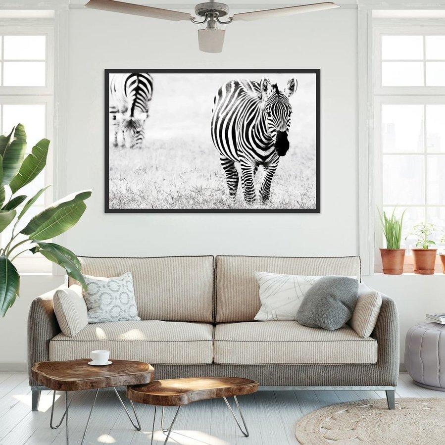 Black and white fine art photograph of a zebra, highlighting the bold contrast and intricate pattern of its stripes. A striking wildlife image celebrating the natural design and beauty of one of Africa’s most iconic animals.
