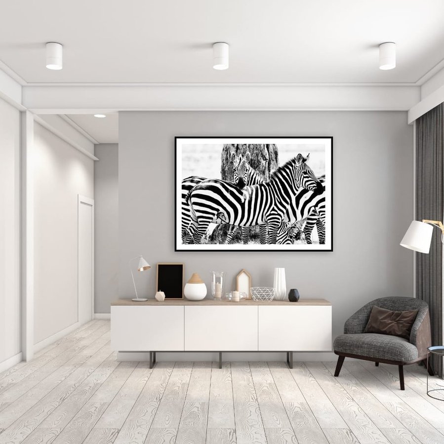 Black and white fine art photograph of zebras in close formation, with one resting its head across another’s back. Striking patterns, high contrast, and emotional connection captured in a timeless wildlife composition.