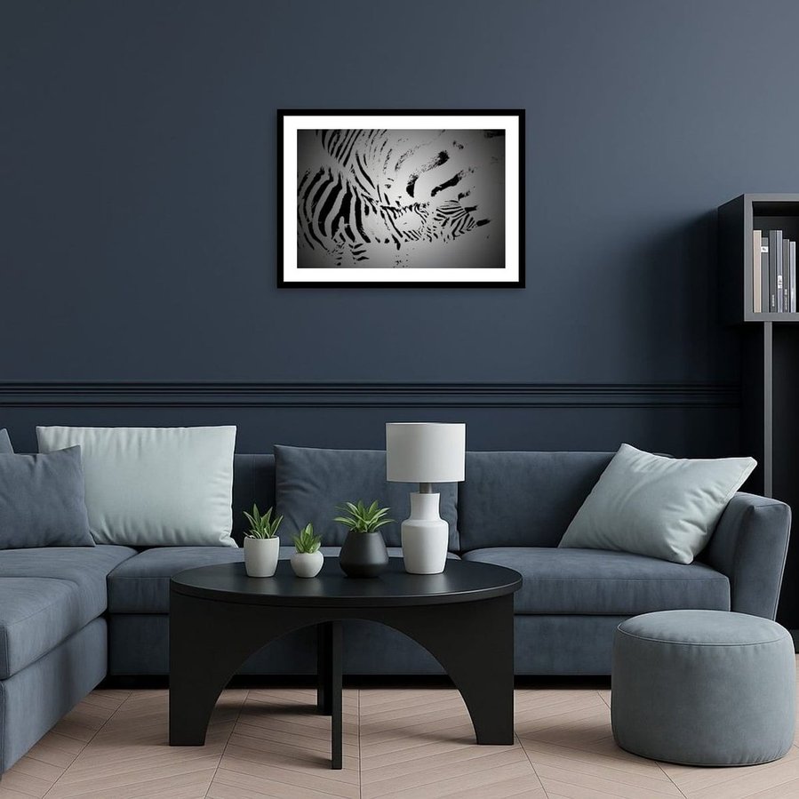 Black and white abstract zebra artwork of a mother nursing her foal. A striking fine art wildlife image highlighting maternal bond, bold contrast, and natural intimacy.