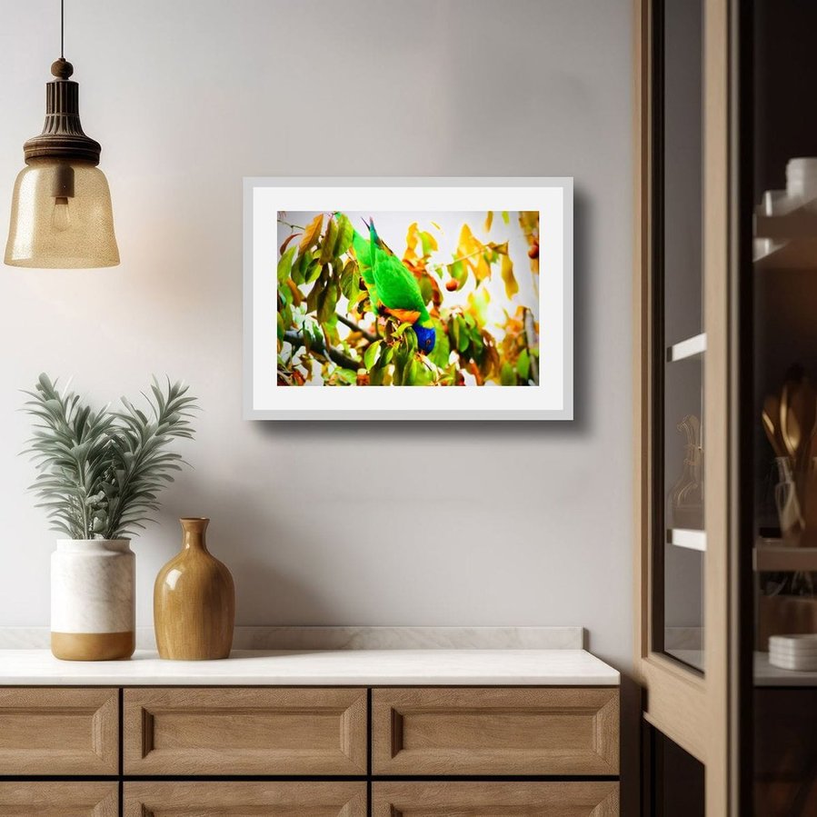 Rainbow lorikeet hanging upside down on a tree branch, surrounded by golden leaves and sunlit fruit. The bird’s vivid green, blue, and orange feathers contrast against the warm autumn tones, capturing a playful moment in nature in white frame with border.