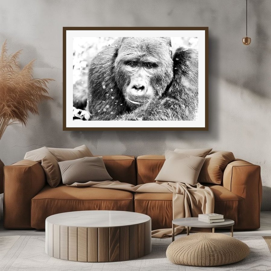 Original black and white portrait of a silverback mountain gorilla. Captured in the Bwindi Forest, this one-of-a-kind artwork reveals the emotional depth, gentleness, and sentient stillness of an endangered gorilla.
