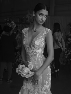 Black and white formal wedding gown portrait. 