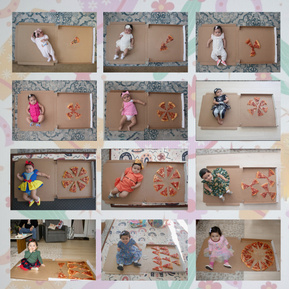 A series of photographs of a baby taken monthly for twelve months. Posing with pizza. 
