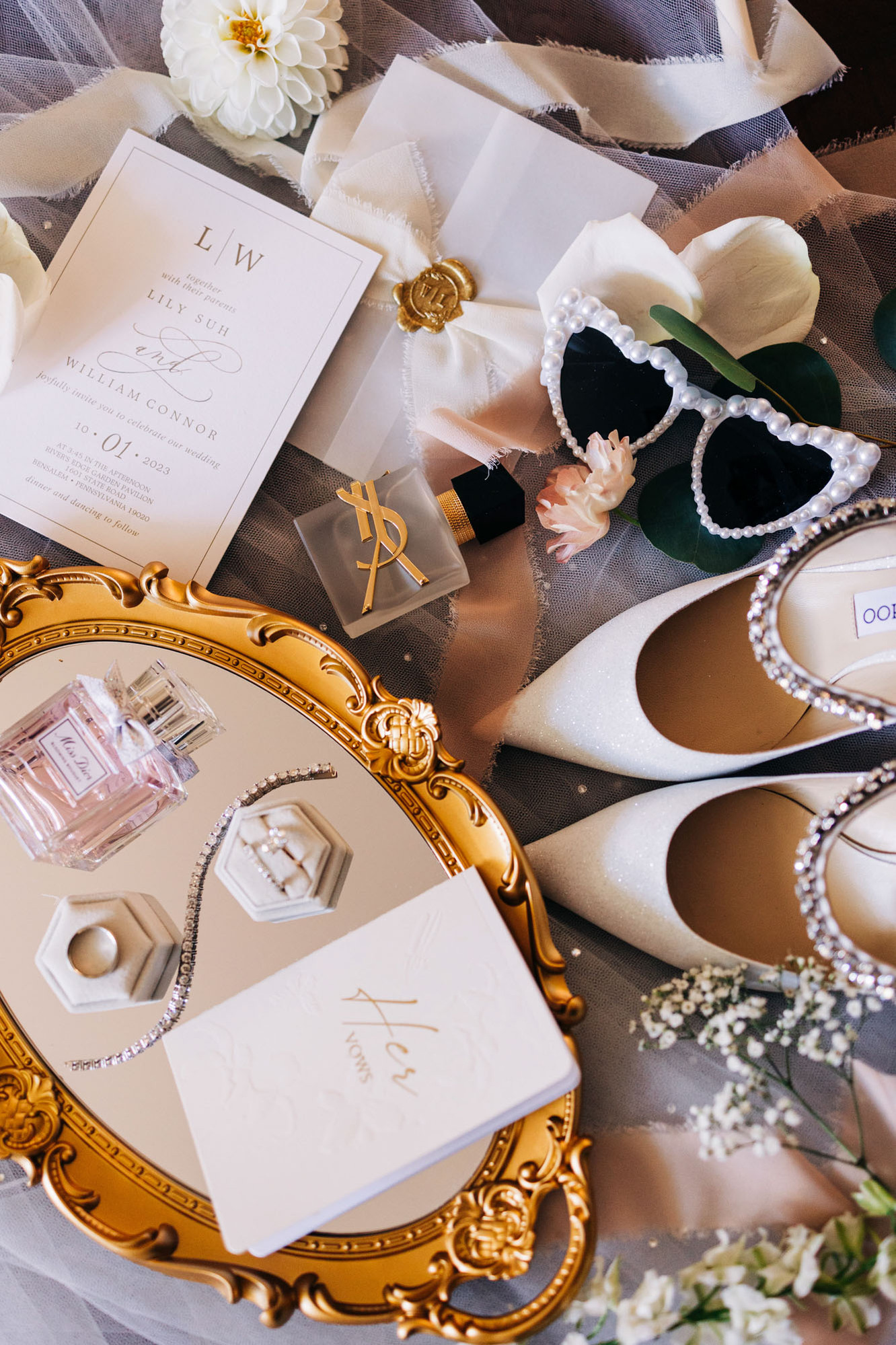Designer bridal details wedding day flatlay by Becca Haydu Philadelphia Wedding Photographer