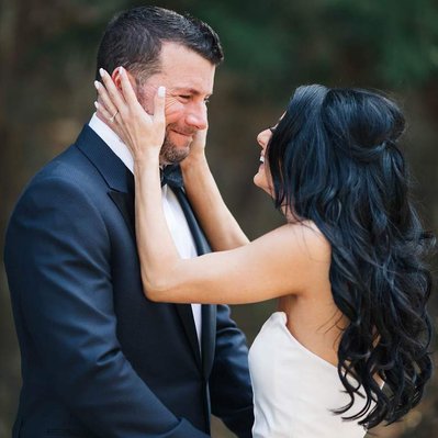 bride and groom first look reaction
