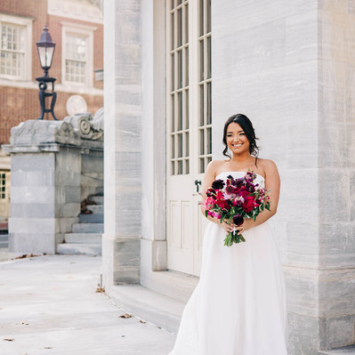 Bride at Merchant's Exchange Building in Old City Philadelphia on her Wedding Day