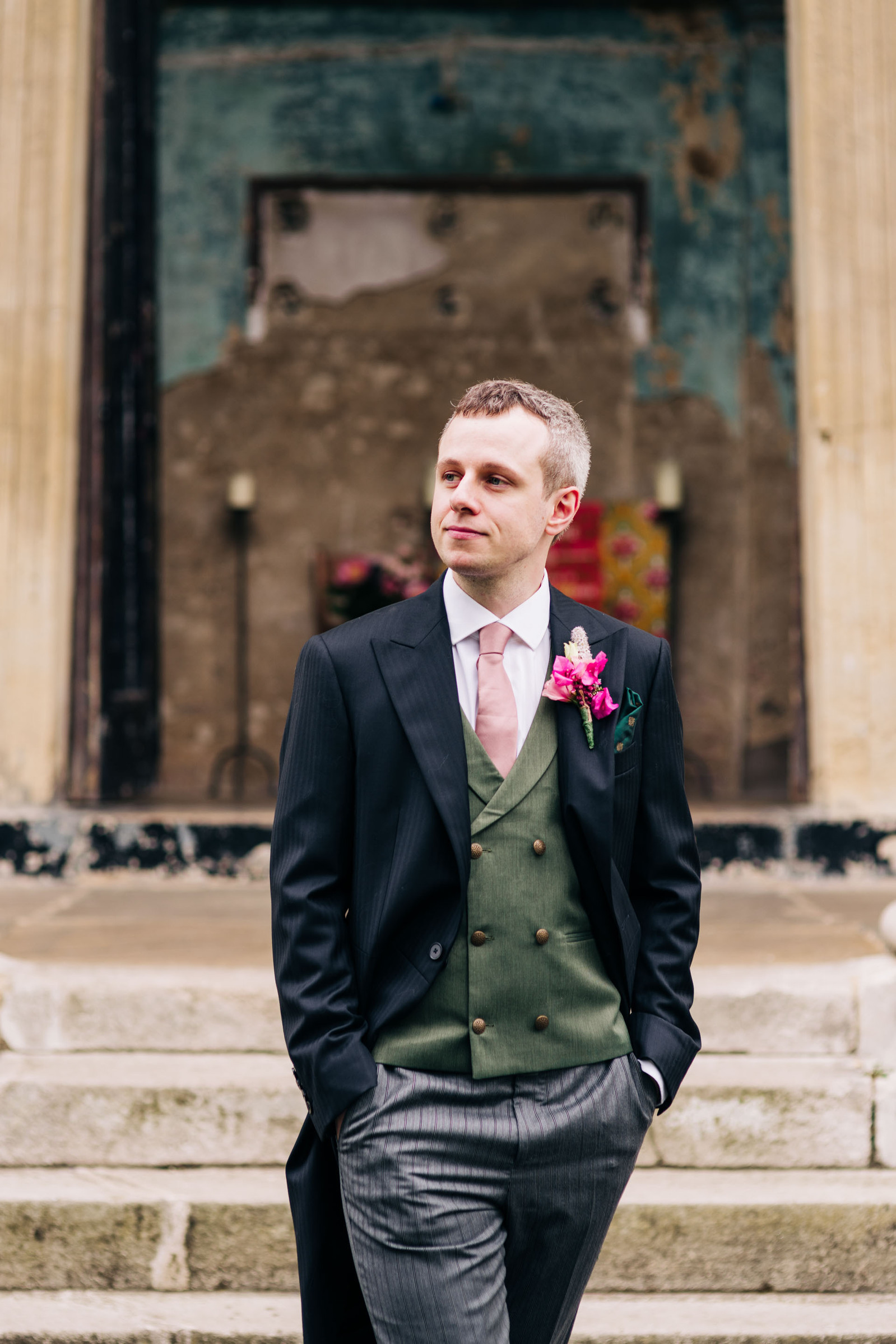 Groom portrait London wedding at Asylum Chapel