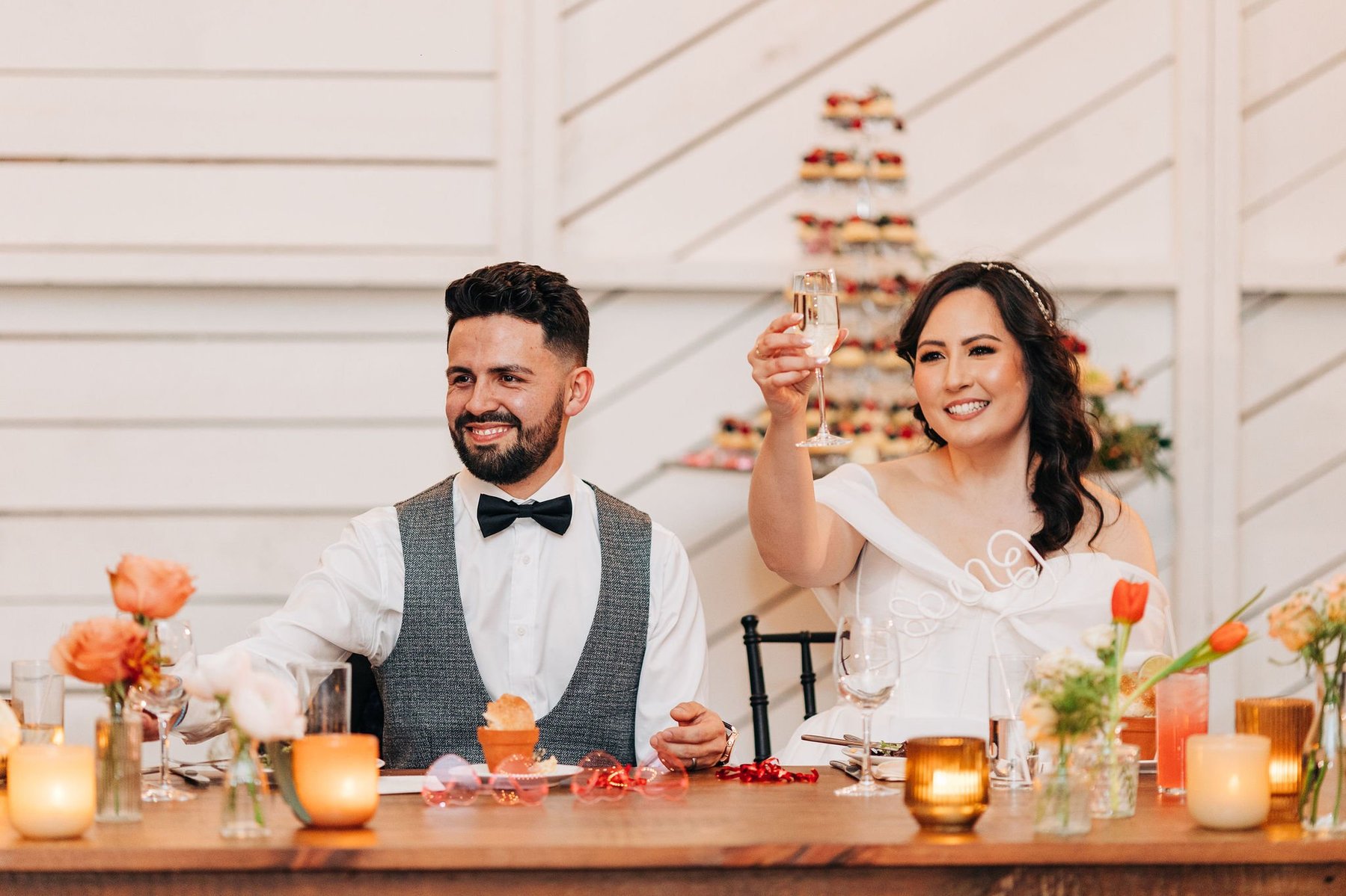 wedding reception at terrain delval venue near philadelphia by documentary style wedding photographer toast cheers speech