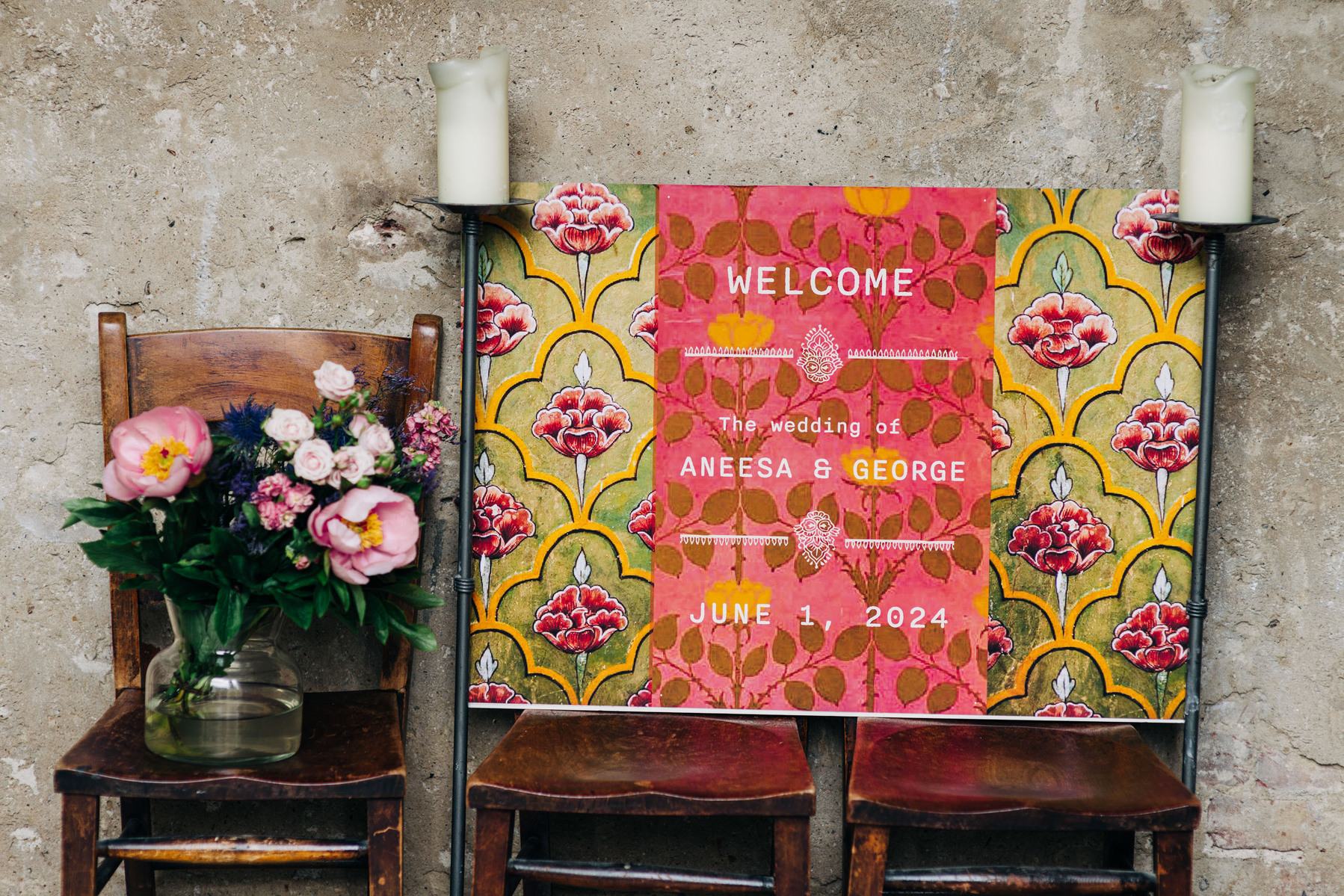 Wedding welcome sign colorful indian wedding pink and green London wedding
