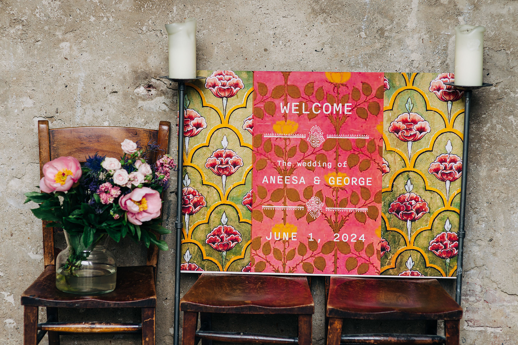 Wedding welcome sign colorful indian wedding pink and green London wedding