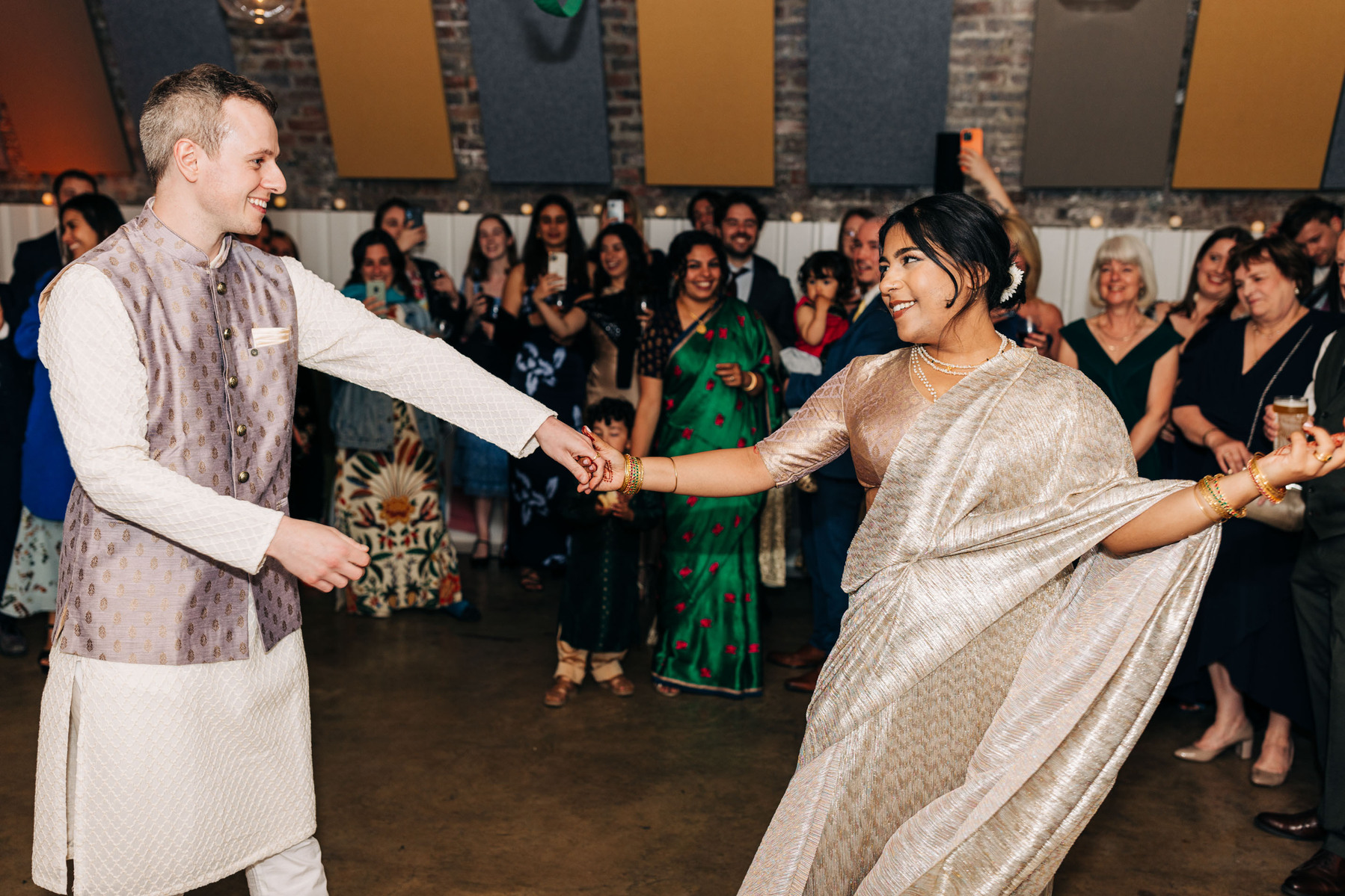 Wedding reception party at AMP Studios London colorful multicultural wedding
