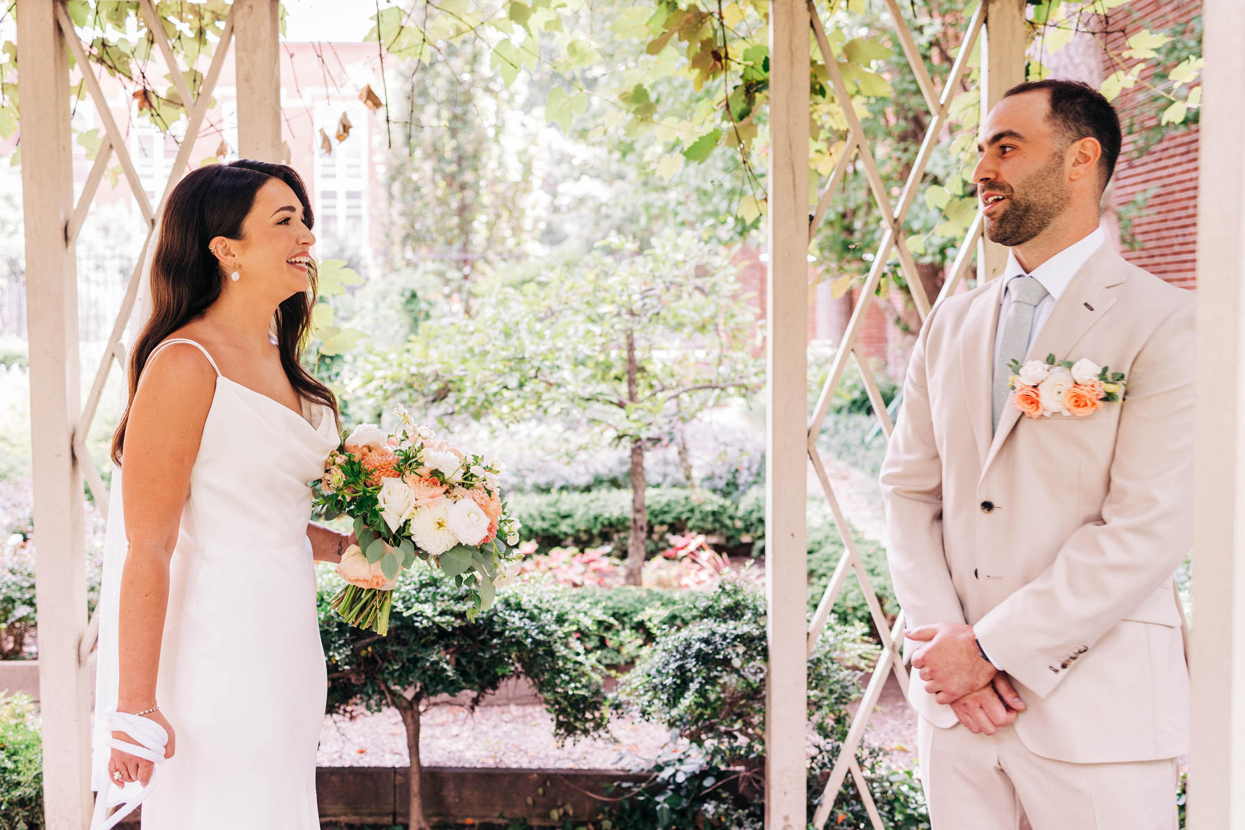 wedding day first look at 18th century garden in old city philadelphia