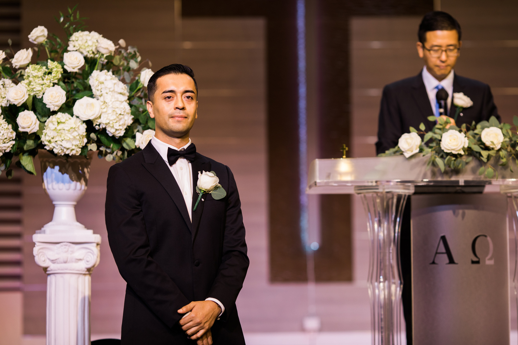 groom's reaction at the altar to seeing his bride for the first time in her wedding dress