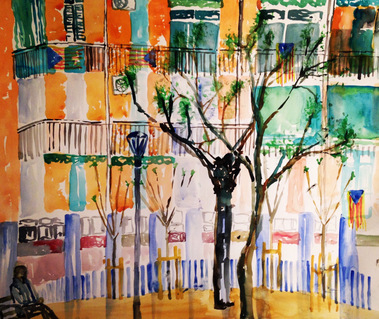 'Placa De Sants' Barcelona, Watercolour on Paper