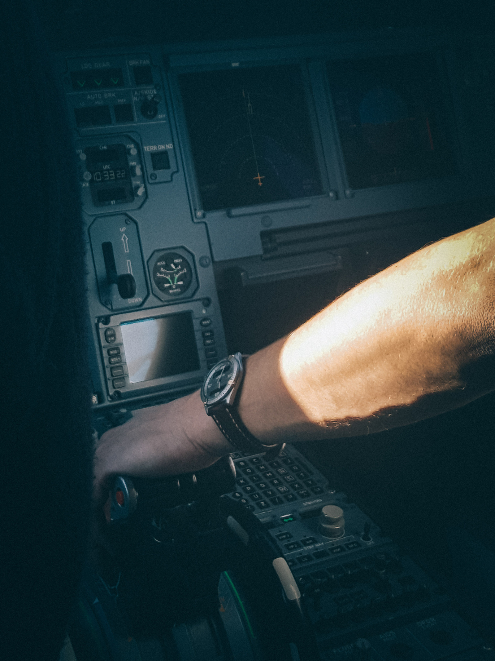 Le pilote d'un avion qui à la main sur les gaz.