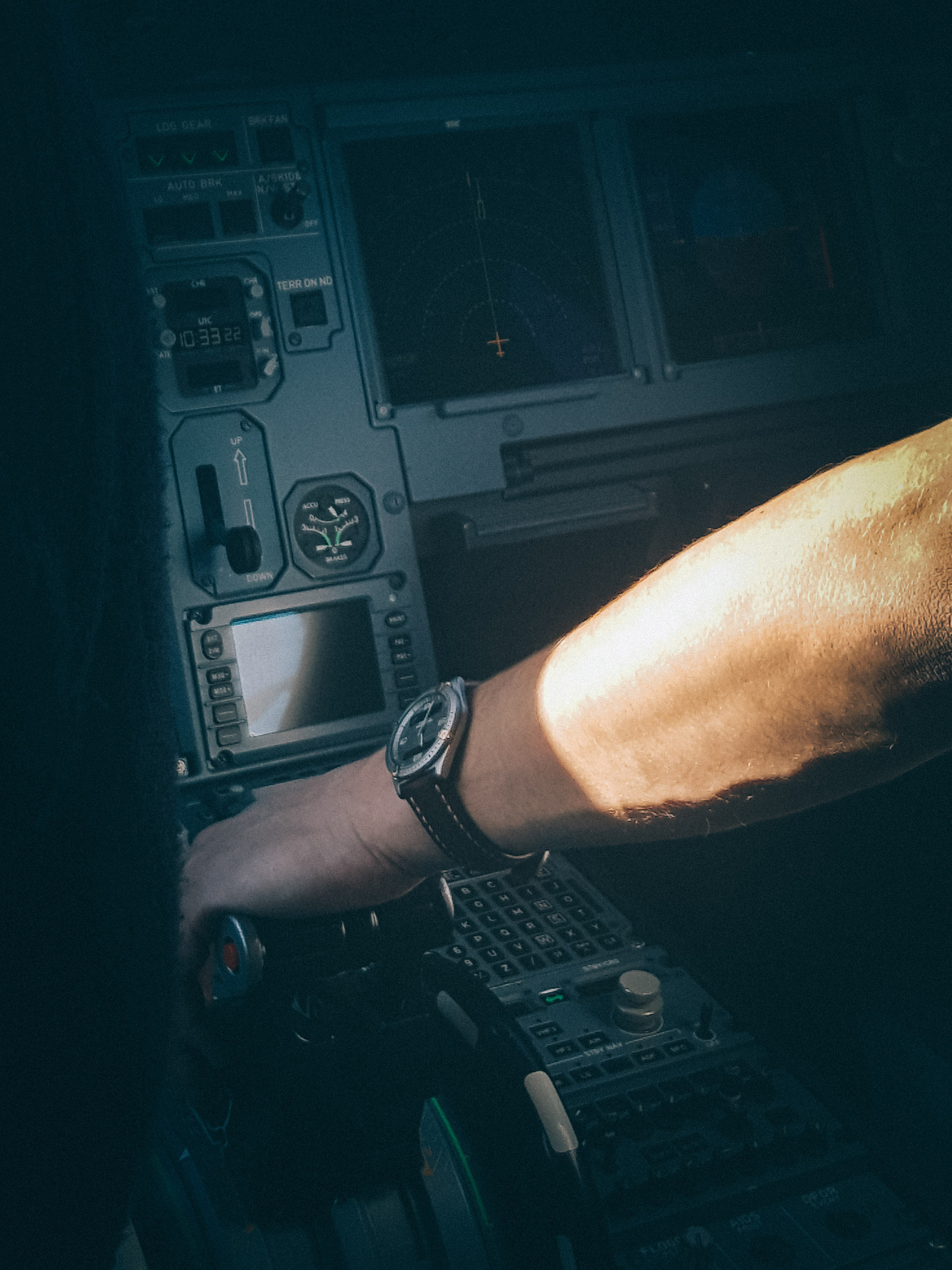 Le pilote d'un avion qui à la main sur les gaz.