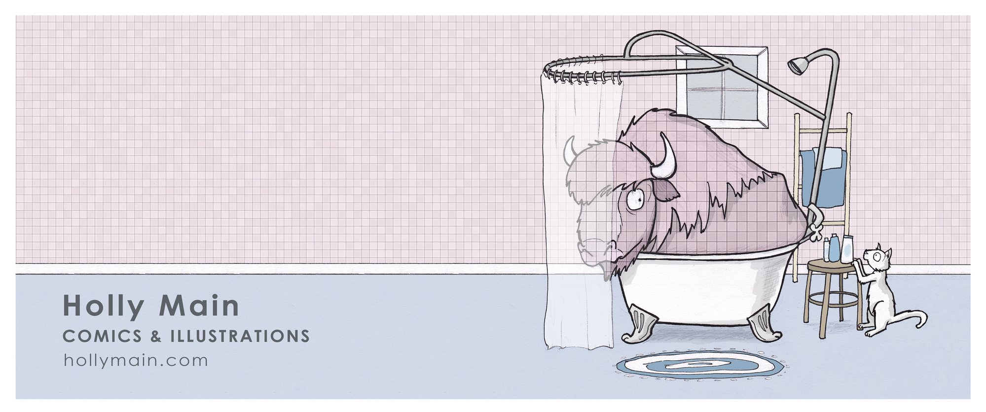 Illustration of a bison 'camouflaging' in a bathtub (Holly Main Comics and Illustrations hollymain.com)