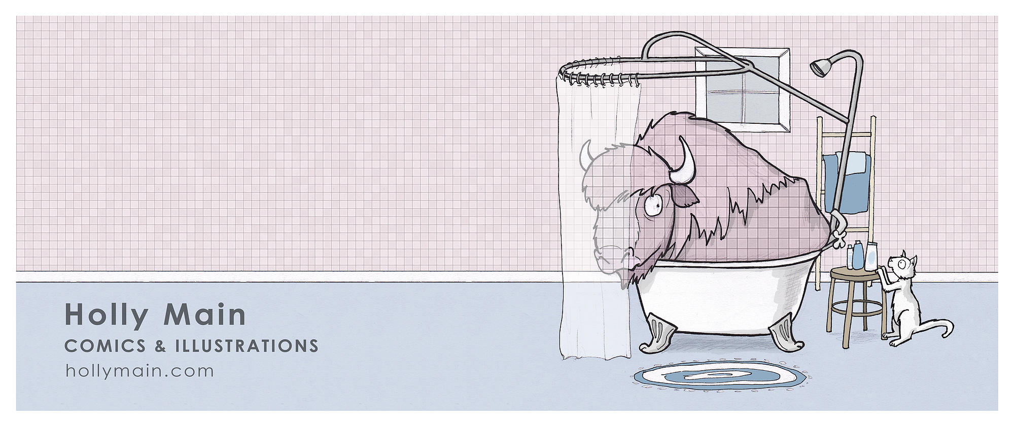 Illustration of a bison 'camouflaging' in a bathtub (Holly Main Comics and Illustrations hollymain.com)