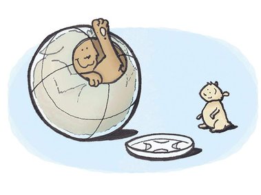 Illustration of a cat in a hamster ball, with hamster looking on from beside (Holly Main Comics and Illustrations)