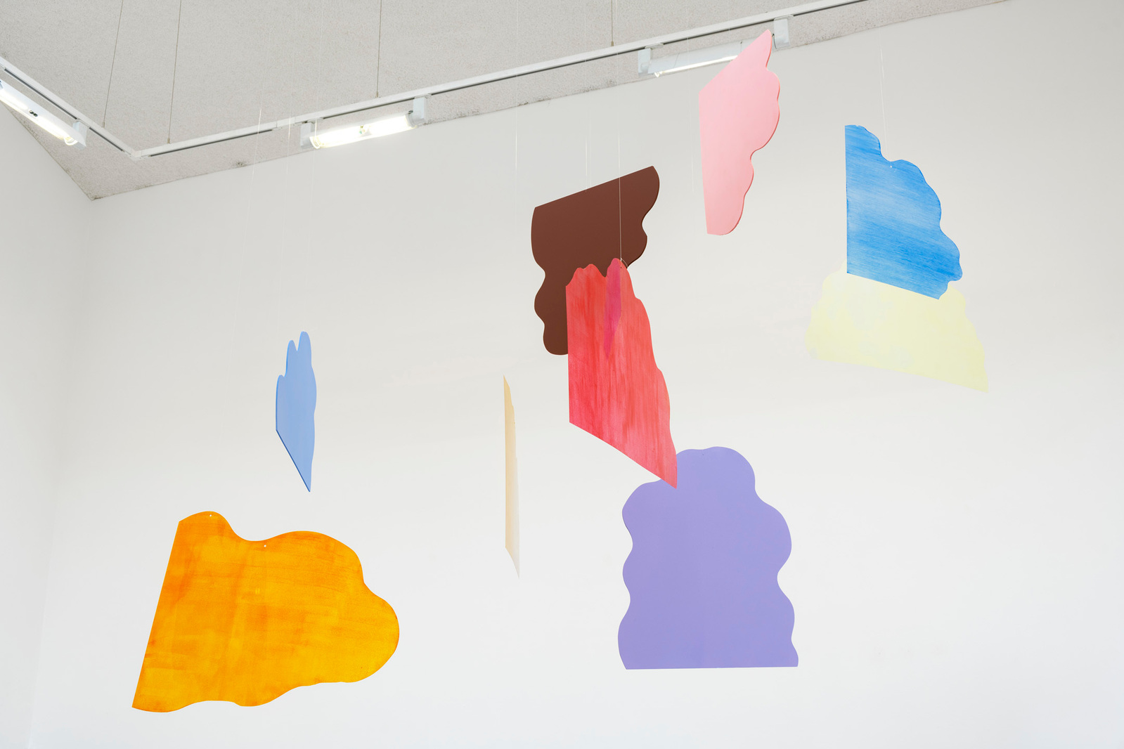 Close up of hanging mobile installation abstract colourful mobile by Millie Toyin Olateju at Bluecoat Gallery 
