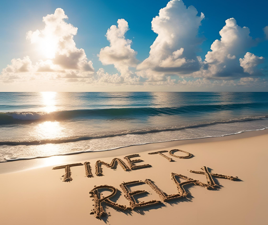 Beach with sunrise and clouds with calm sea and light waves rolling onto a beach where the words TIME TO RELAX have been scratched into the golden sands.