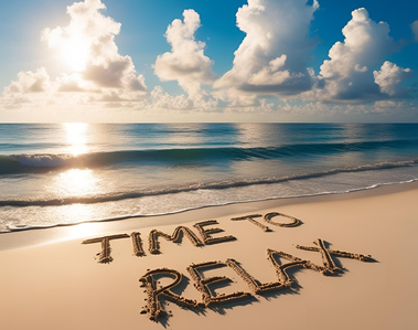 Beach with clouds and calm sea with light waves breaking onto the shoreline with TIME TO RELAX scratched into the golden sands