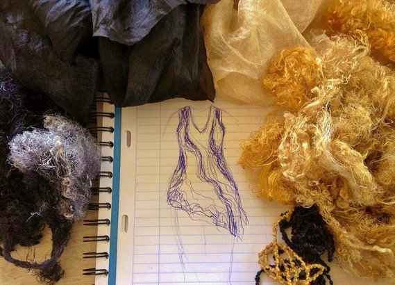dress drawing and felt yellow, black material - Gaia Lina feel good felt design