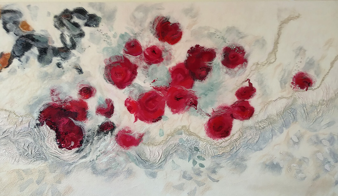 Floating Flowers panel - Wet felted wall hanging