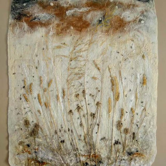 Belonging panel - wet felted wall hanging is fixed on a canvas panel with 64 points