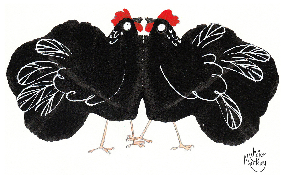 ink blot and line drawing of two mirror chickens